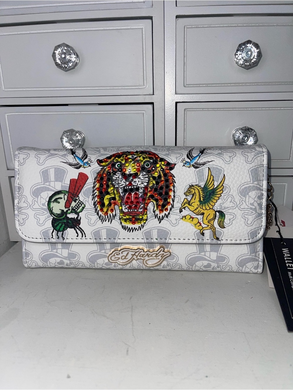 NWT Ed Hardy White Leather Wallet with Multicolor Studded Tiger Motif